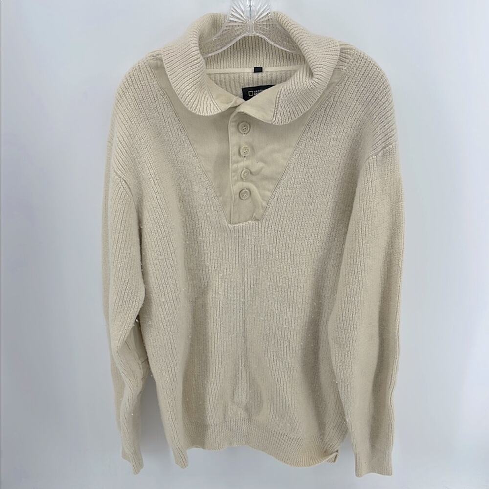 National Geographic 100% wool pullover knit 1/4 button up Cream Sweater sz XXL